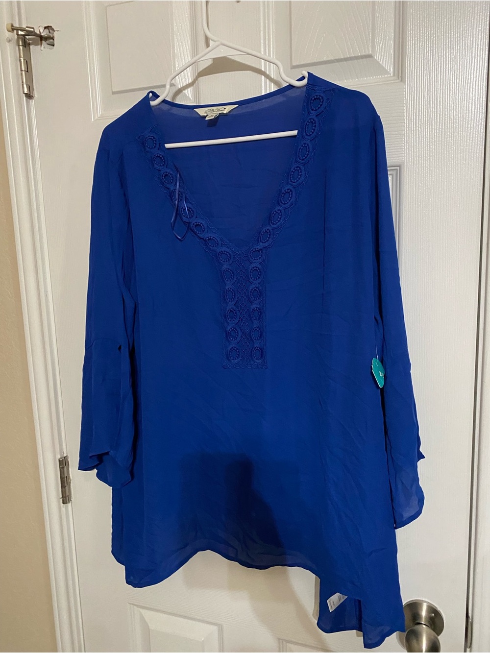 V-Neck Crochet Trim Tunic Top in Royal Blue
